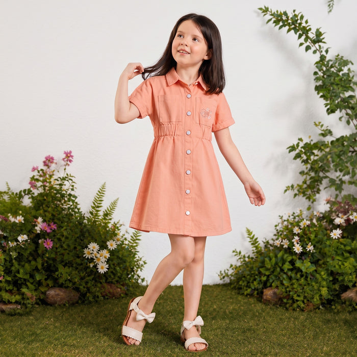 Kids Girls Dress in Peach Cotton with Button Down Design for Casual Summer Wear