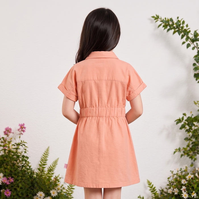 Kids Girls Dress in Peach Cotton with Button Down Design for Casual Summer Wear
