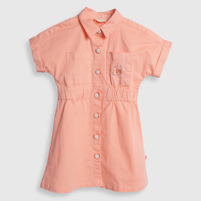 Kids Girls Dress in Peach Cotton with Button Down Design for Casual Summer Wear