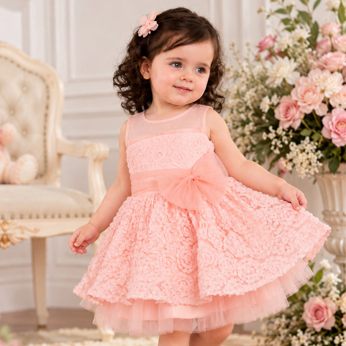 Kids Girls Dress in Peach with Sheer Bodice, Bow Waist & Layered Tulle Skirt for Parties