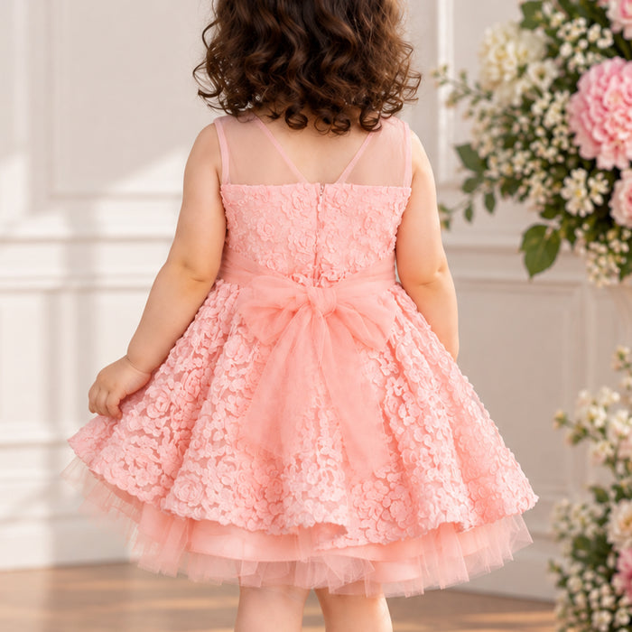 Kids Girls Dress in Peach with Sheer Bodice, Bow Waist & Layered Tulle Skirt for Parties