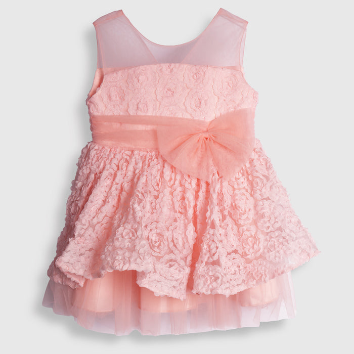 Kids Girls Dress in Peach with Sheer Bodice, Bow Waist & Layered Tulle Skirt for Parties