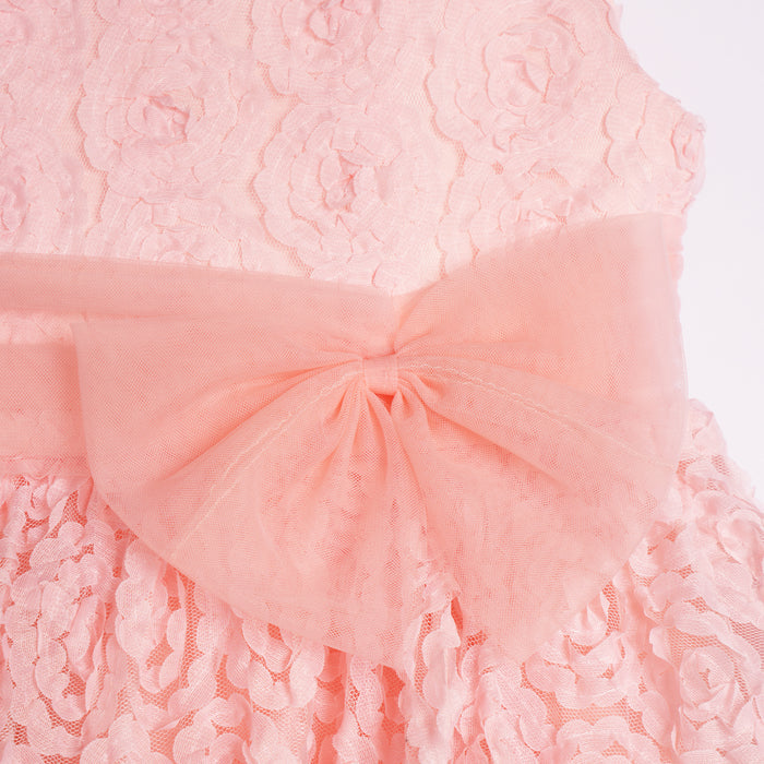 Kids Girls Dress in Peach with Sheer Bodice, Bow Waist & Layered Tulle Skirt for Parties