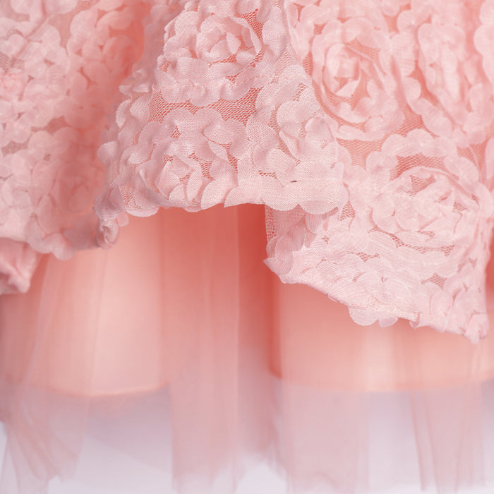 Kids Girls Dress in Peach with Sheer Bodice, Bow Waist & Layered Tulle Skirt for Parties