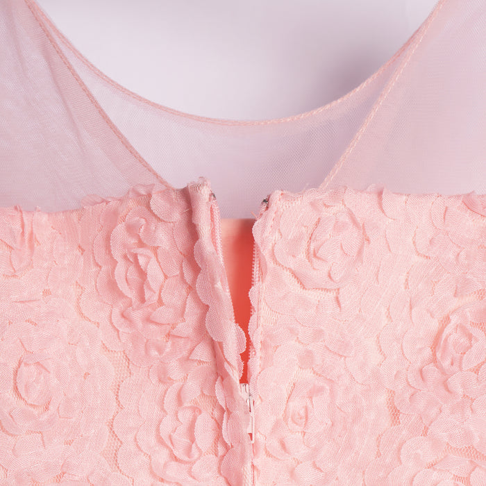 Kids Girls Dress in Peach with Sheer Bodice, Bow Waist & Layered Tulle Skirt for Parties