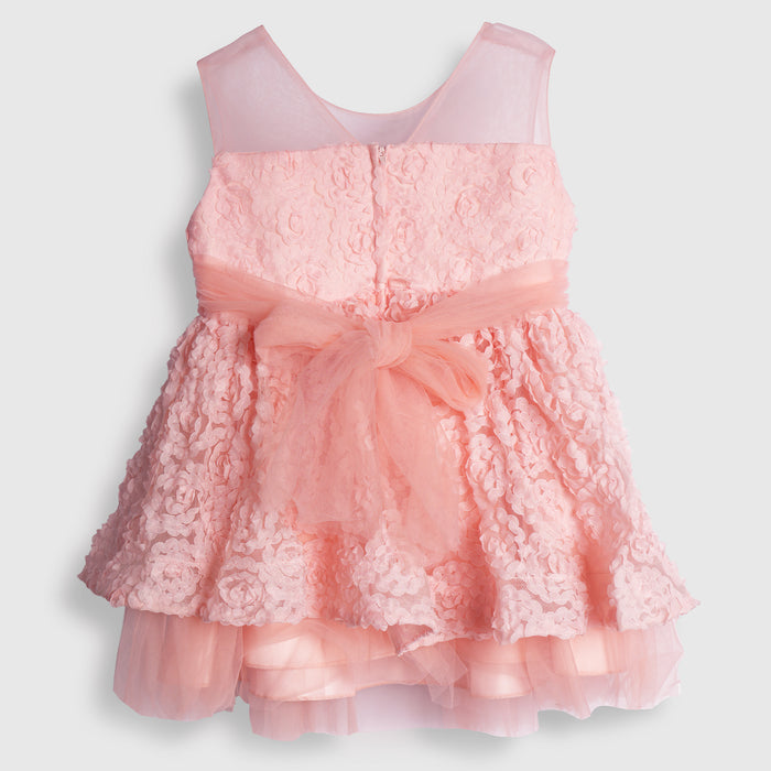 Kids Girls Dress in Peach with Sheer Bodice, Bow Waist & Layered Tulle Skirt for Parties