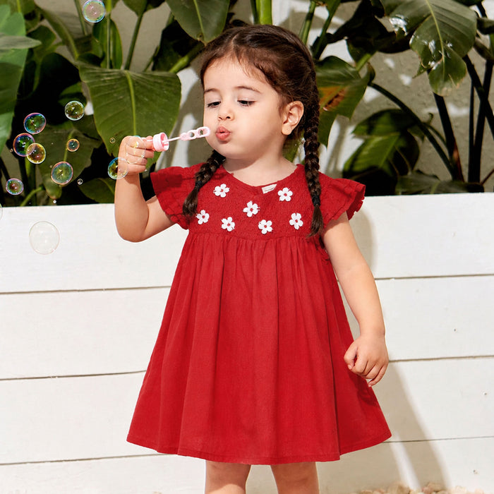 Kids Girls Dress in Red with Floral Embroidery, Smocked Yoke & Ruffle Sleeves for Daily Comfort