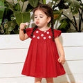 Kids Girls Dress in Red with Floral Embroidery, Smocked Yoke & Ruffle Sleeves for Daily Comfort