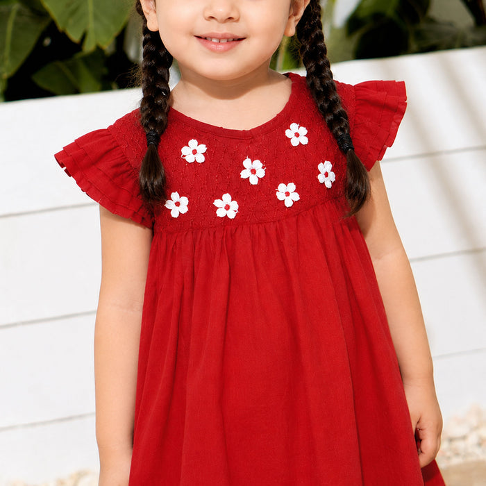 Kids Girls Dress in Red with Floral Embroidery, Smocked Yoke & Ruffle Sleeves for Daily Comfort
