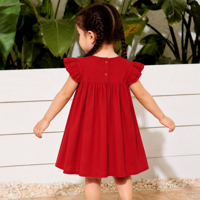 Kids Girls Dress in Red with Floral Embroidery, Smocked Yoke & Ruffle Sleeves for Daily Comfort