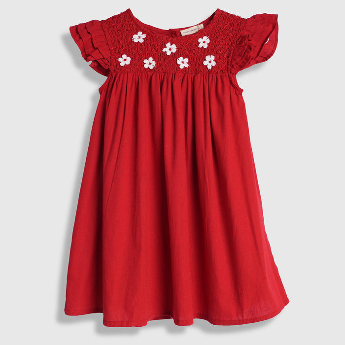 Kids Girls Dress in Red with Floral Embroidery, Smocked Yoke & Ruffle Sleeves for Daily Comfort