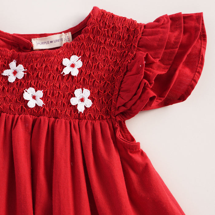 Kids Girls Dress in Red with Floral Embroidery, Smocked Yoke & Ruffle Sleeves for Daily Comfort