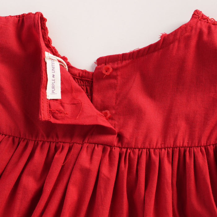Kids Girls Dress in Red with Floral Embroidery, Smocked Yoke & Ruffle Sleeves for Daily Comfort