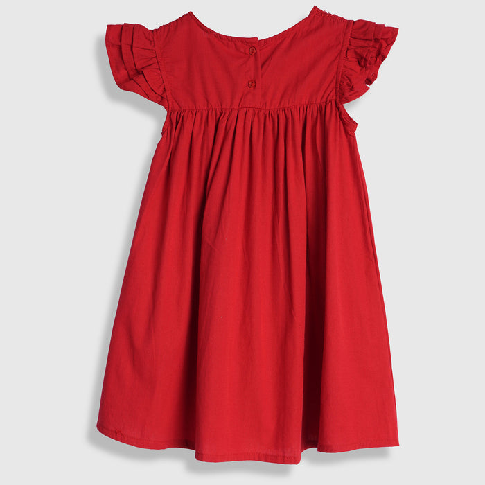 Kids Girls Dress in Red with Floral Embroidery, Smocked Yoke & Ruffle Sleeves for Daily Comfort