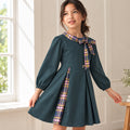 Kids Girls Dress in Teal with Plaid Bow Collar, Long Sleeves, Pleated Skirt & Soft Fabric