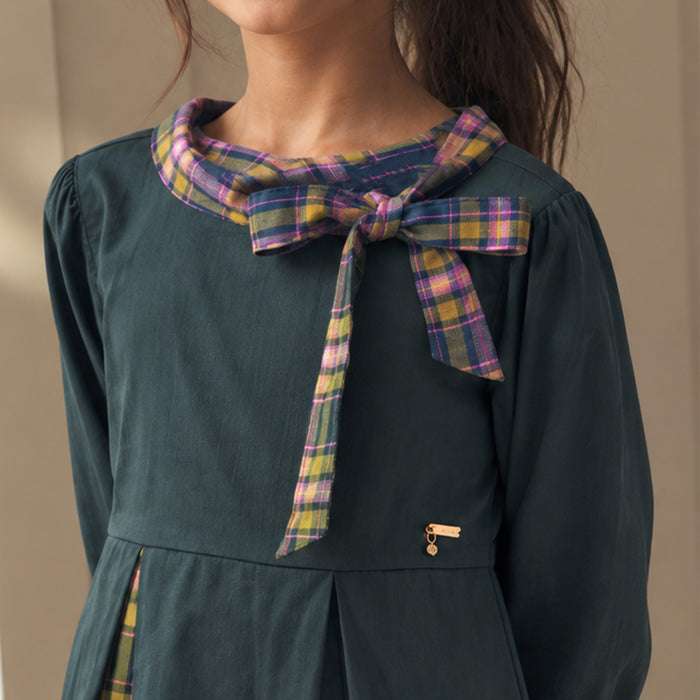 Kids Girls Dress in Teal with Plaid Bow Collar, Long Sleeves, Pleated Skirt & Soft Fabric