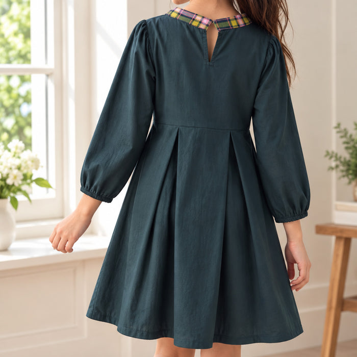 Kids Girls Dress in Teal with Plaid Bow Collar, Long Sleeves, Pleated Skirt & Soft Fabric