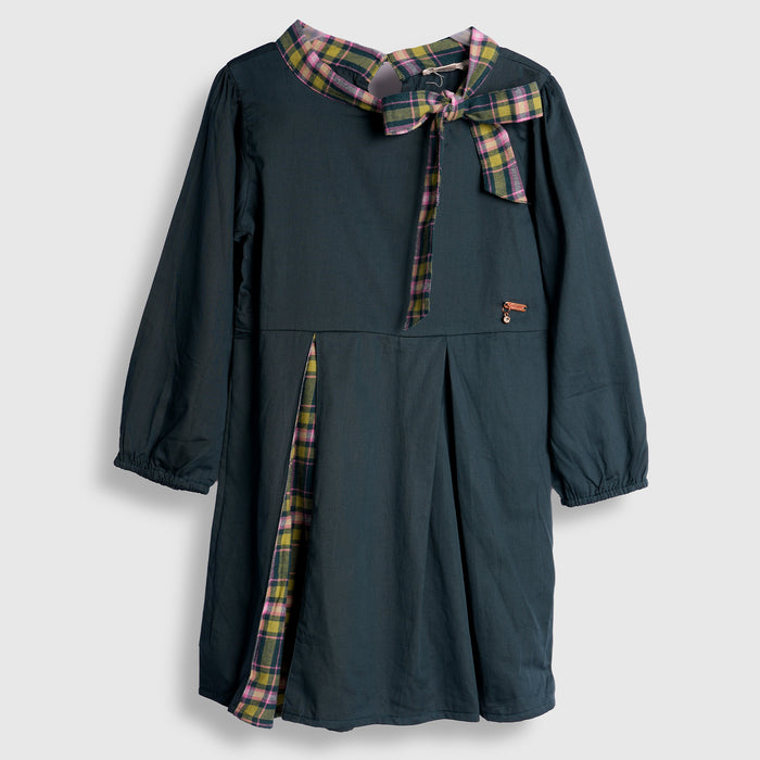 Kids Girls Dress in Teal with Plaid Bow Collar, Long Sleeves, Pleated Skirt & Soft Fabric