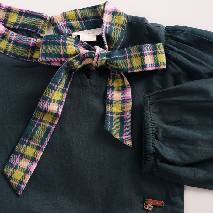 Kids Girls Dress in Teal with Plaid Bow Collar, Long Sleeves, Pleated Skirt & Soft Fabric