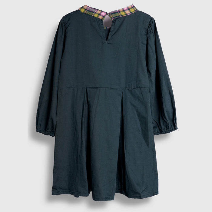 Kids Girls Dress in Teal with Plaid Bow Collar, Long Sleeves, Pleated Skirt & Soft Fabric