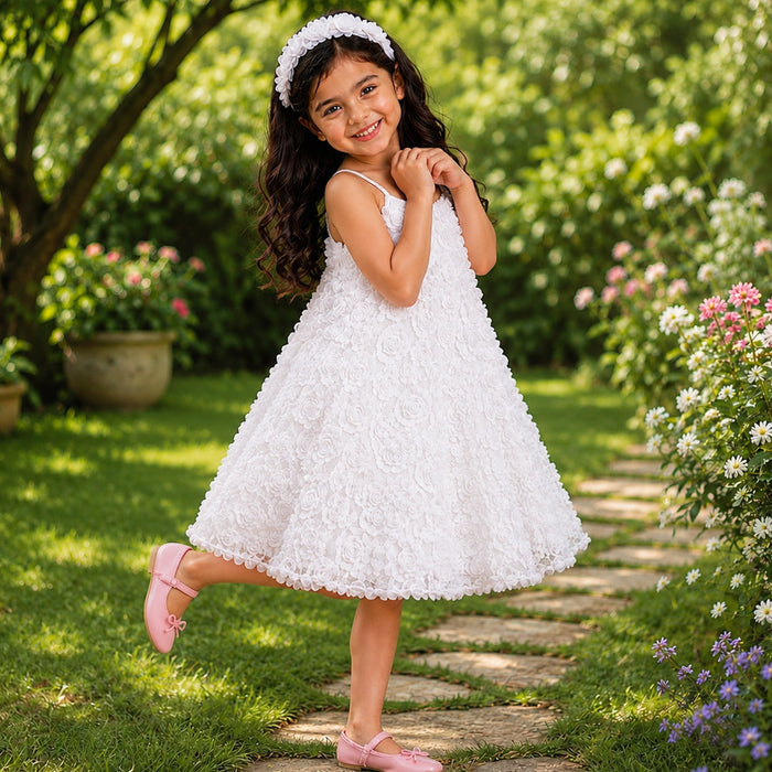 Kids Girls Dress in White with Rose Appliqué & Matching Headband, Perfect for Party Wear