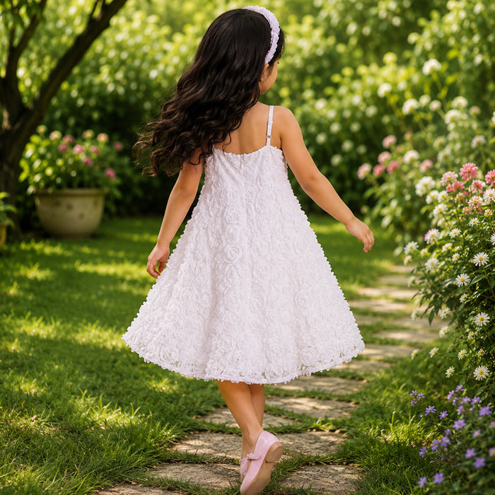 Kids Girls Dress in White with Rose Appliqué & Matching Headband, Perfect for Party Wear