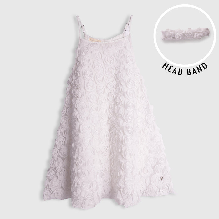 Kids Girls Dress in White with Rose Appliqué & Matching Headband, Perfect for Party Wear