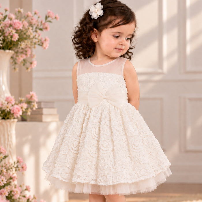 Kids Girls Dress in White with Sheer Bodice, Bow Waist & Layered Tulle Skirt for Parties