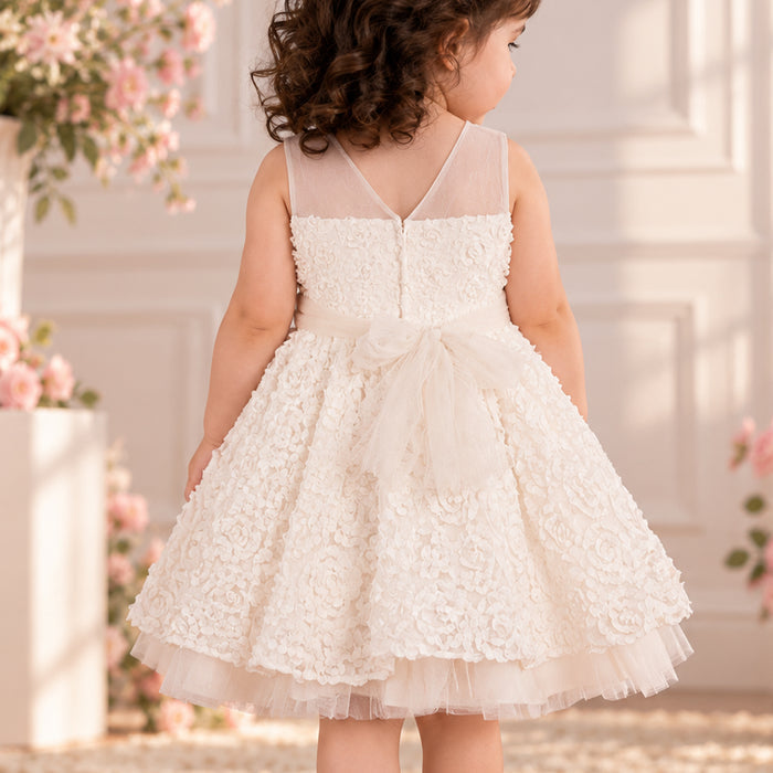 Kids Girls Dress in White with Sheer Bodice, Bow Waist & Layered Tulle Skirt for Parties