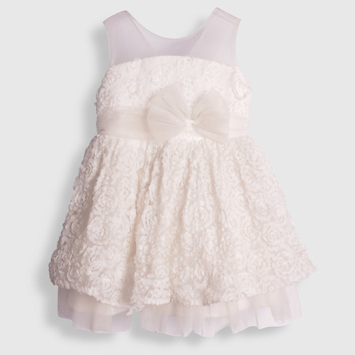 Kids Girls Dress in White with Sheer Bodice, Bow Waist & Layered Tulle Skirt for Parties