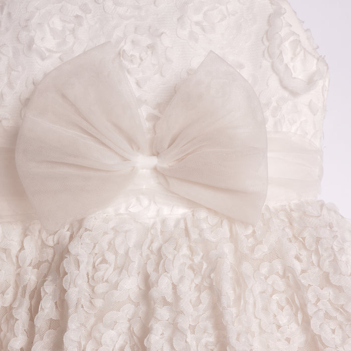 Kids Girls Dress in White with Sheer Bodice, Bow Waist & Layered Tulle Skirt for Parties