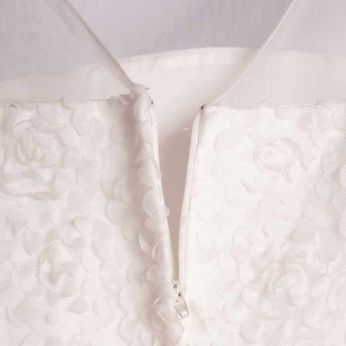 Kids Girls Dress in White with Sheer Bodice, Bow Waist & Layered Tulle Skirt for Parties