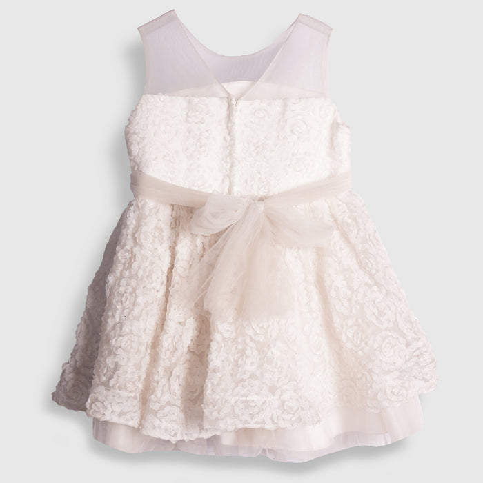 Kids Girls Dress in White with Sheer Bodice, Bow Waist & Layered Tulle Skirt for Parties