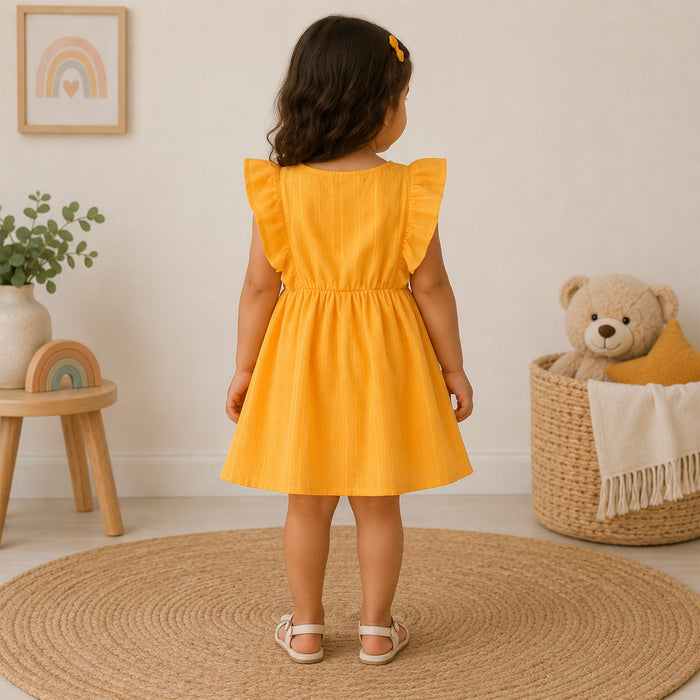 Kids Girls Dress in Yellow with Floral Embroidery & Ruffle Sleeves for Daily Comfort Wear