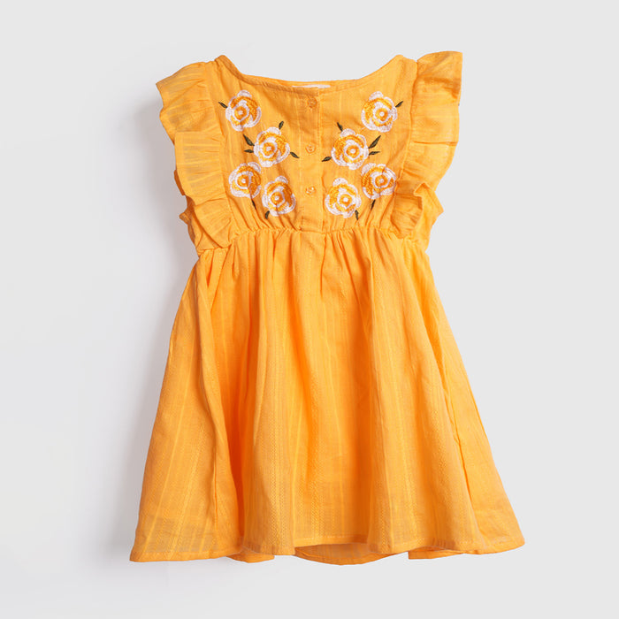 Kids Girls Dress in Yellow with Floral Embroidery & Ruffle Sleeves for Daily Comfort Wear
