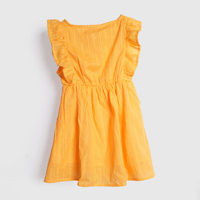 Kids Girls Dress in Yellow with Floral Embroidery & Ruffle Sleeves for Daily Comfort Wear