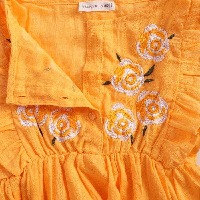 Kids Girls Dress in Yellow with Floral Embroidery & Ruffle Sleeves for Daily Comfort Wear