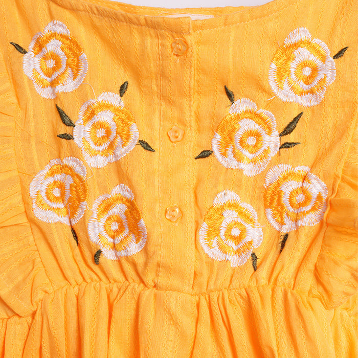 Kids Girls Dress in Yellow with Floral Embroidery & Ruffle Sleeves for Daily Comfort Wear