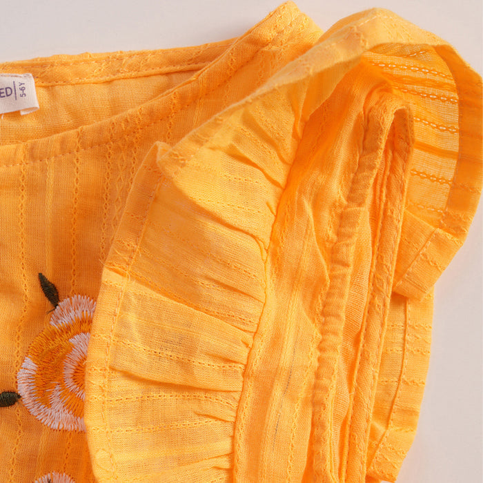 Kids Girls Dress in Yellow with Floral Embroidery & Ruffle Sleeves for Daily Comfort Wear