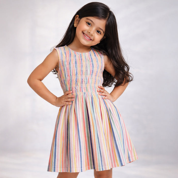 Kids Girls Dress Multi Blue Smocked Cotton Stripe Summer Style with Tie-Up Neck