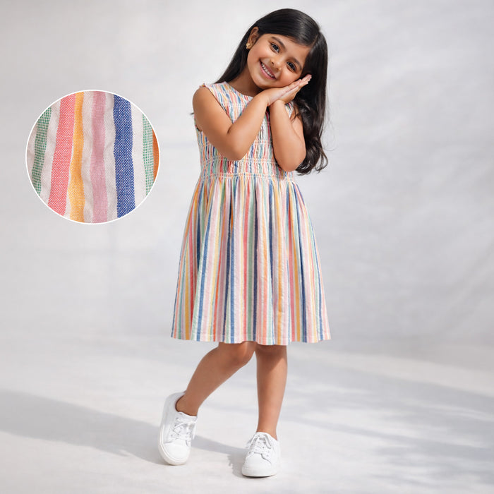 Kids Girls Dress Multi Blue Smocked Cotton Stripe Summer Style with Tie-Up Neck