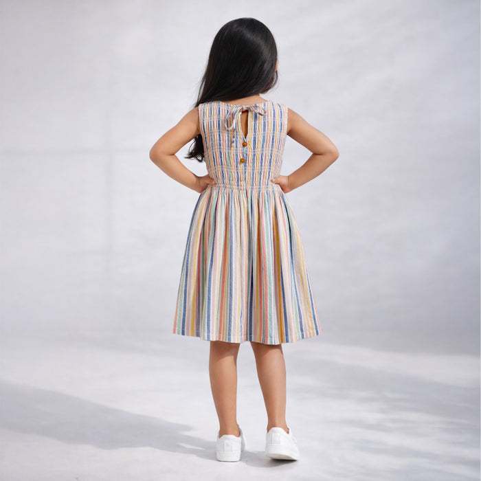 Kids Girls Dress Multi Blue Smocked Cotton Stripe Summer Style with Tie-Up Neck