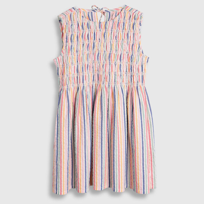 Kids Girls Dress Multi Blue Smocked Cotton Stripe Summer Style with Tie-Up Neck