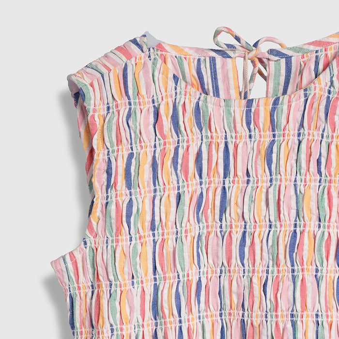 Kids Girls Dress Multi Blue Smocked Cotton Stripe Summer Style with Tie-Up Neck