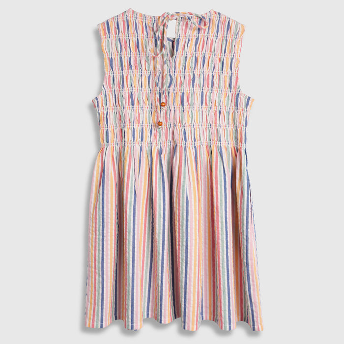 Kids Girls Dress Multi Blue Smocked Cotton Stripe Summer Style with Tie-Up Neck