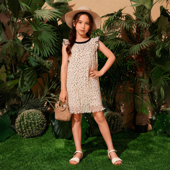 Kids Girls Dress with Polka Dots, Pleated Fabric & Ruffle Sleeves, Perfect for Comfort Wear