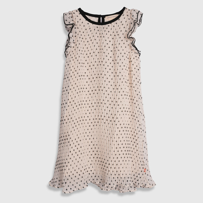 Kids Girls Dress with Polka Dots, Pleated Fabric & Ruffle Sleeves, Perfect for Comfort Wear
