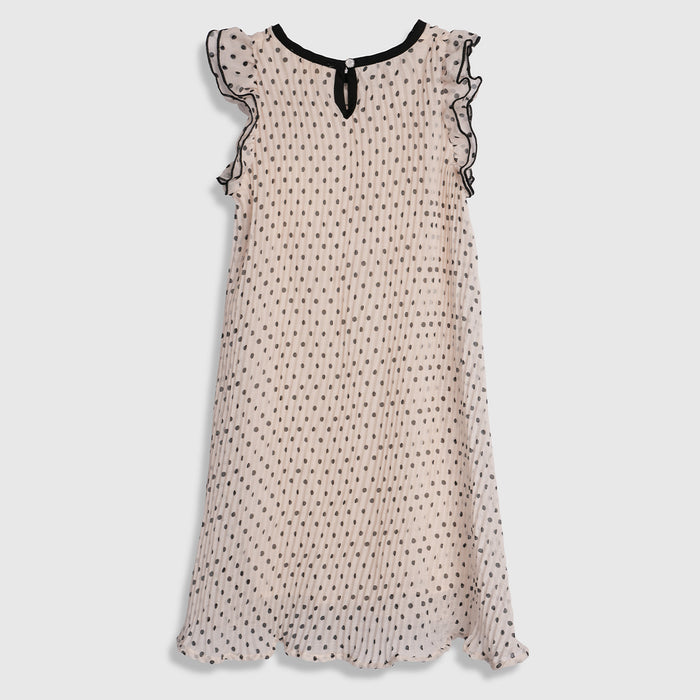 Kids Girls Dress with Polka Dots, Pleated Fabric & Ruffle Sleeves, Perfect for Comfort Wear