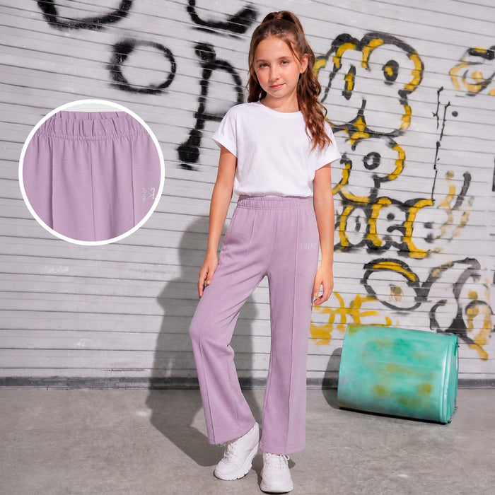 Kids Girls Flared Trousers in Lavender with Elastic Waist & Soft Stretch Fabric for Daily Wear