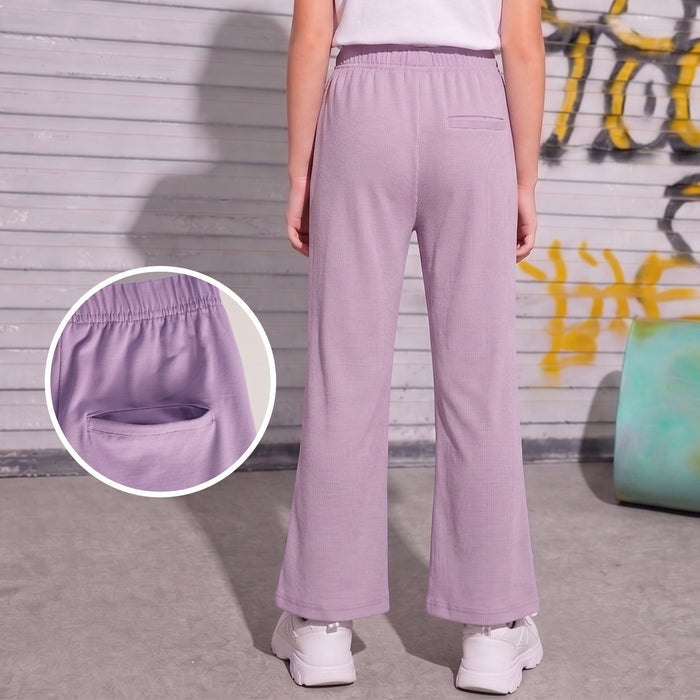 Kids Girls Flared Trousers in Lavender with Elastic Waist & Soft Stretch Fabric for Daily Wear